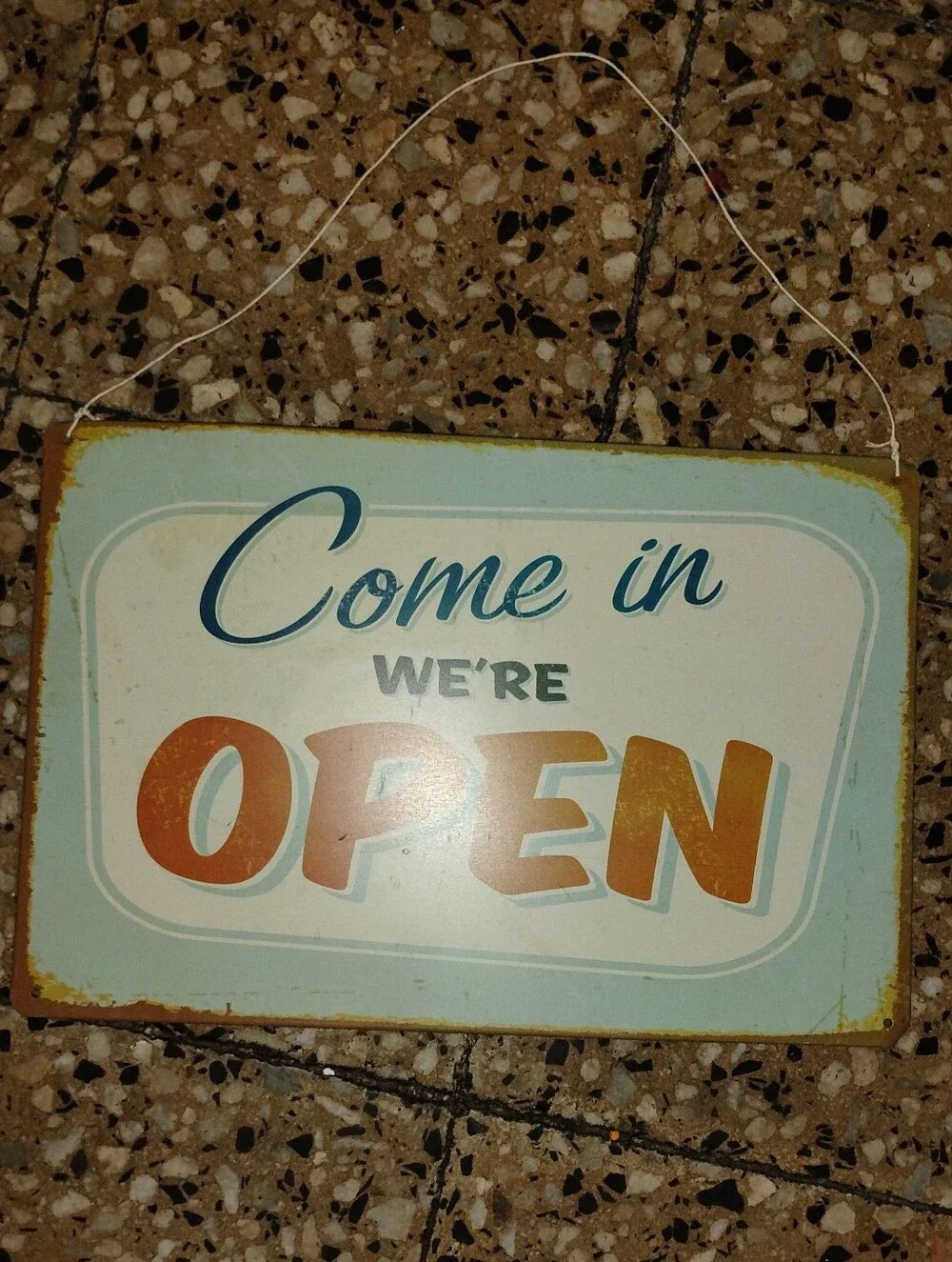 Come In We're Open Sign - Vintage Style Blue and Orange Wall Decor